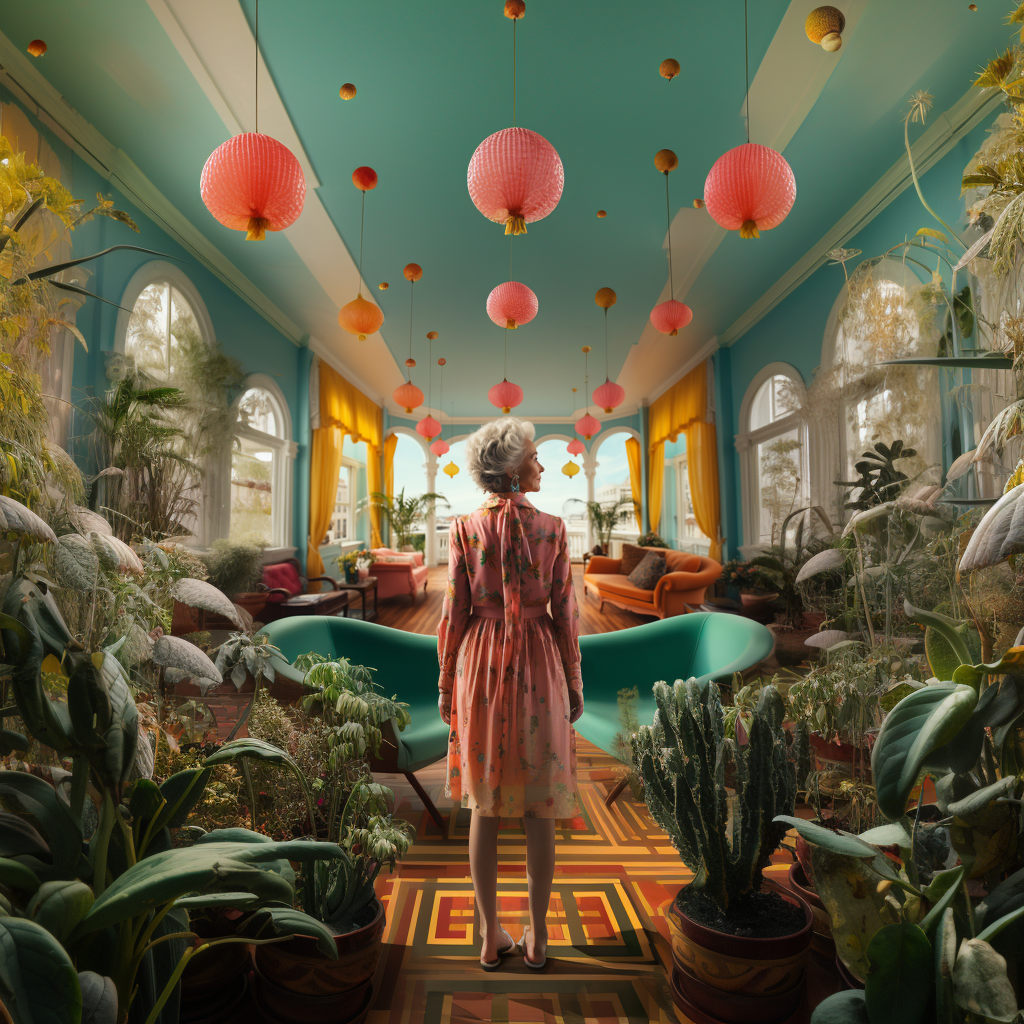 AI-Generated image of an old lady in a colourful room full of plants