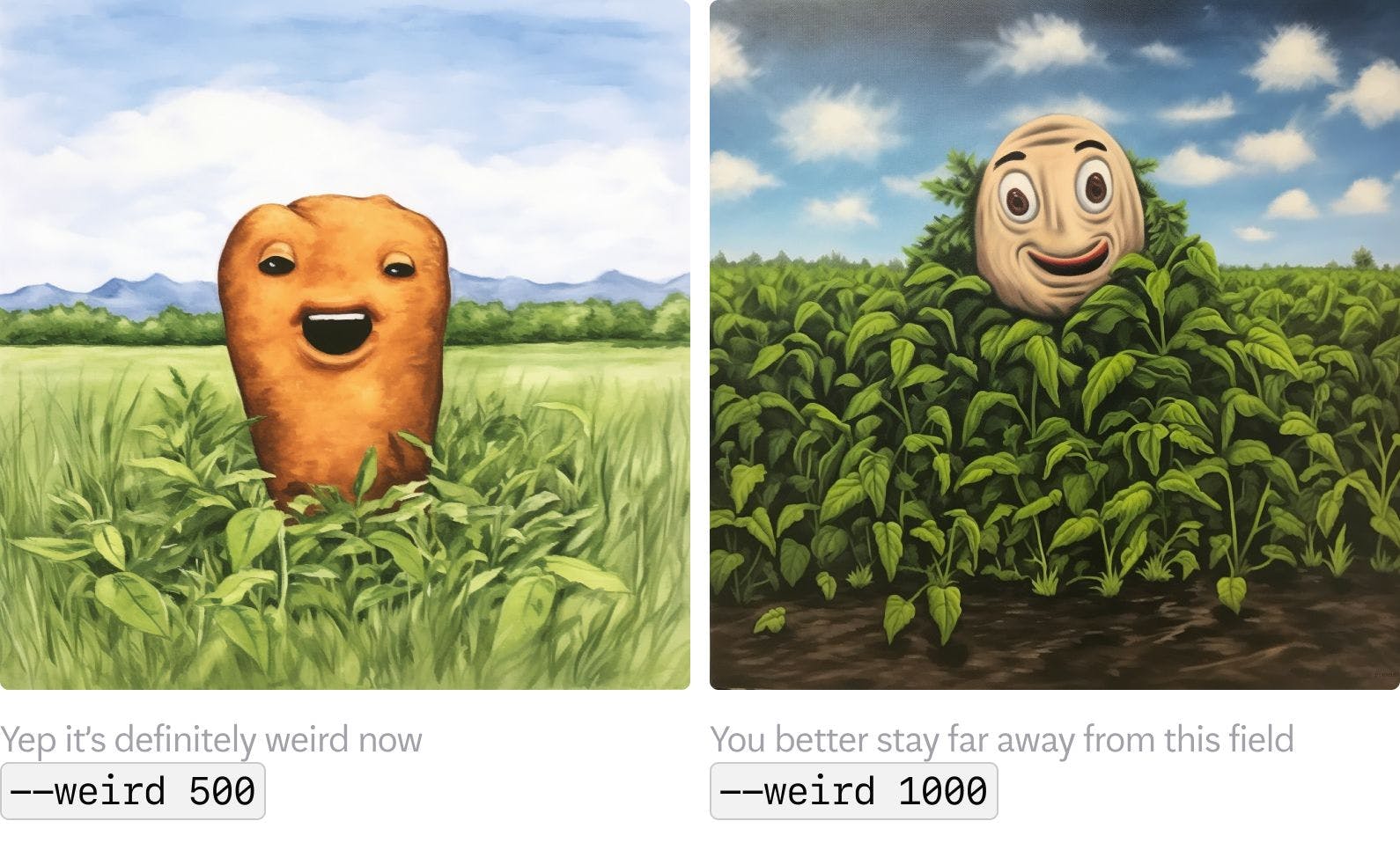 AI-generated image of weird potatoes in a field