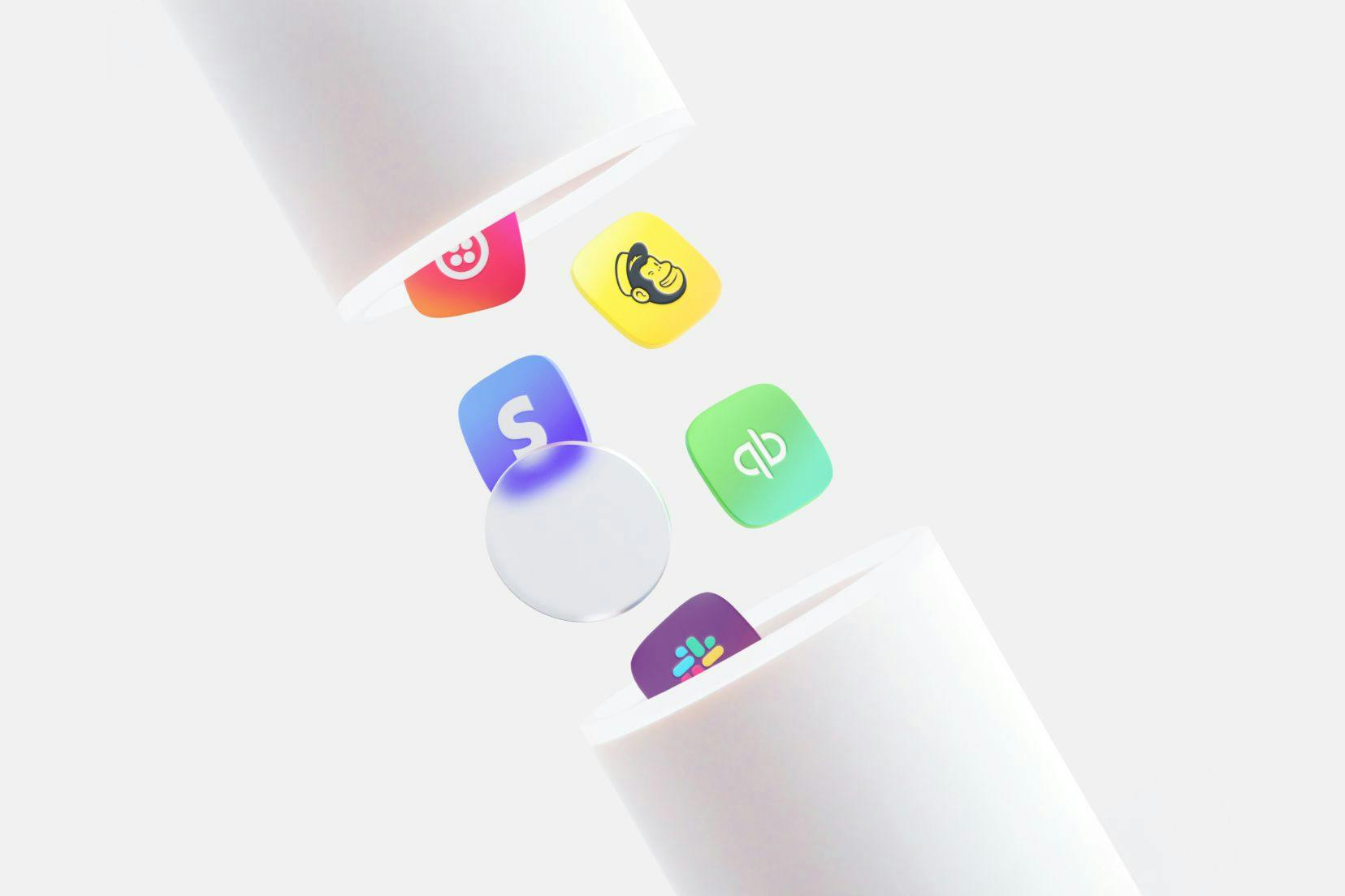 3D illustration with app icons moving through a pipe