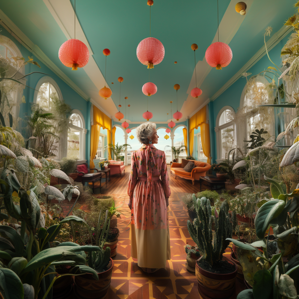 An old lady looking into a colourful room, surrounded by plants