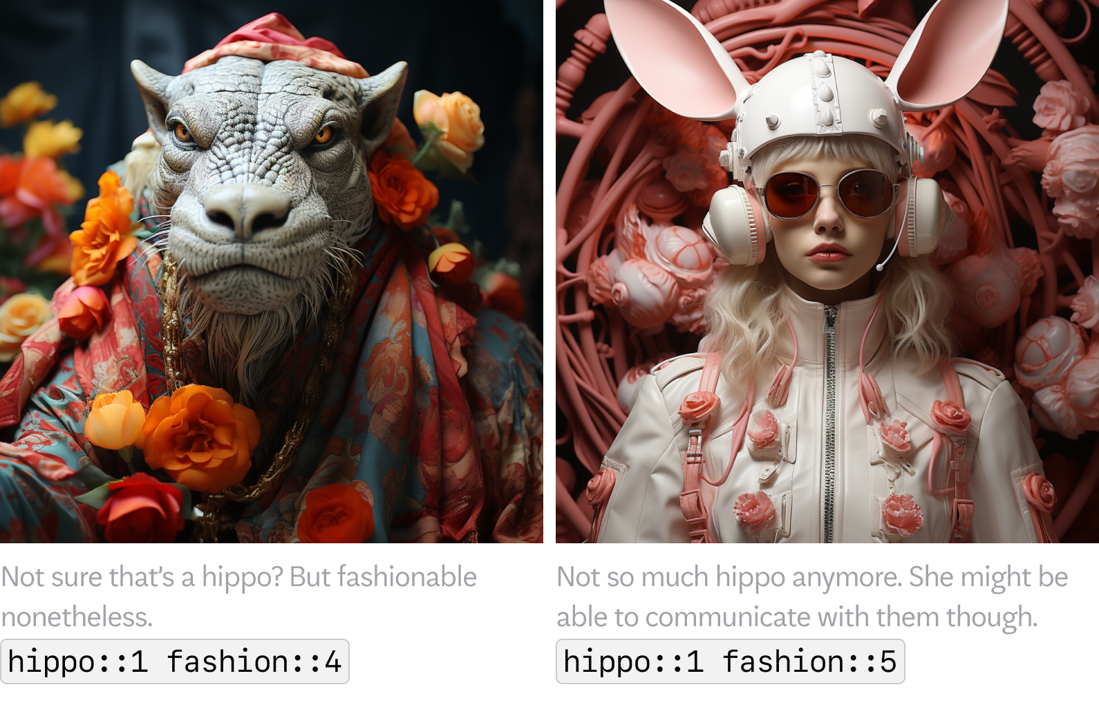 AI-generated image of fashion characters wearing flowers and costumes