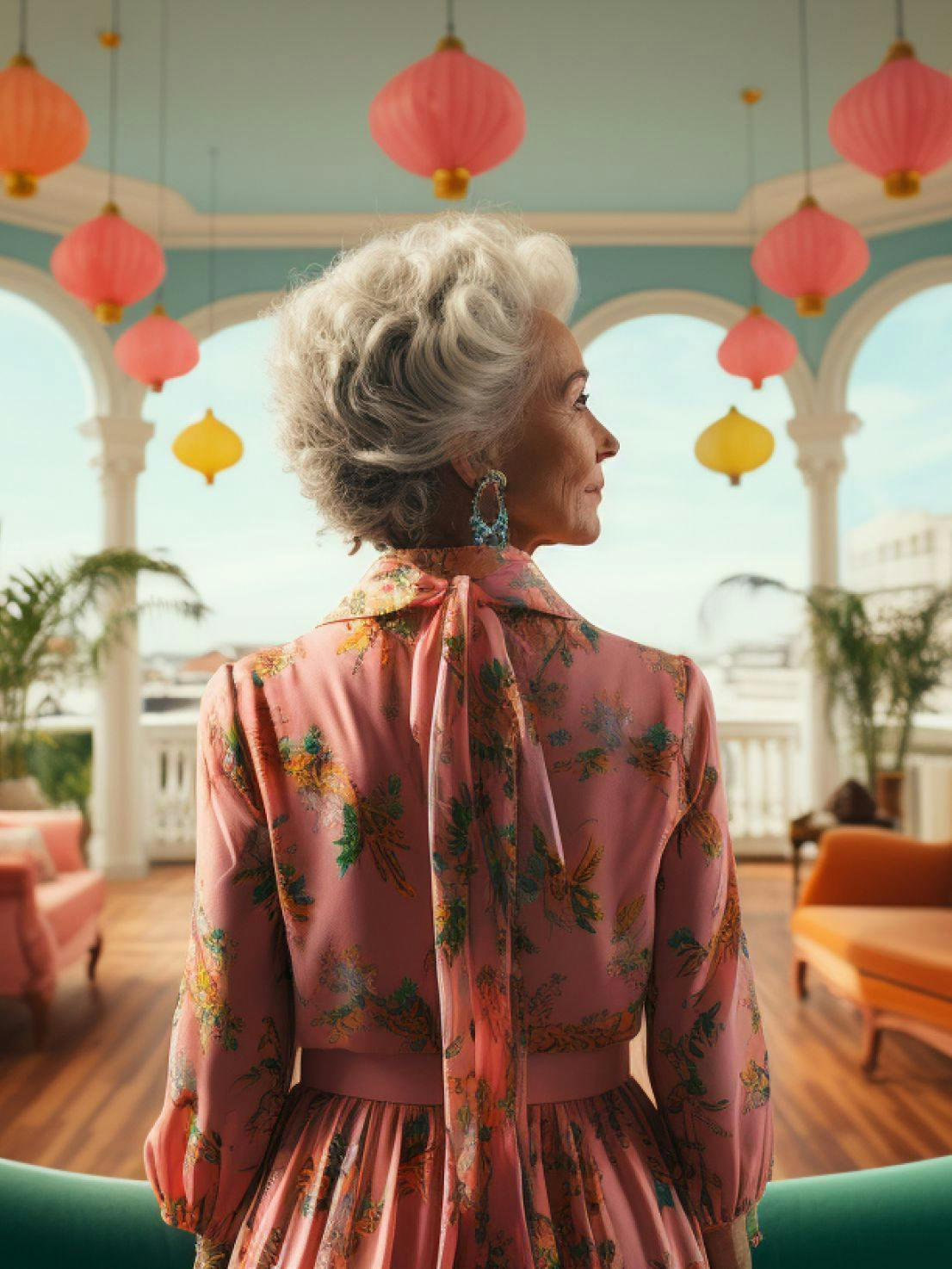 AI generated image of an old lady in colorful clothes looking down at hotel lobby 