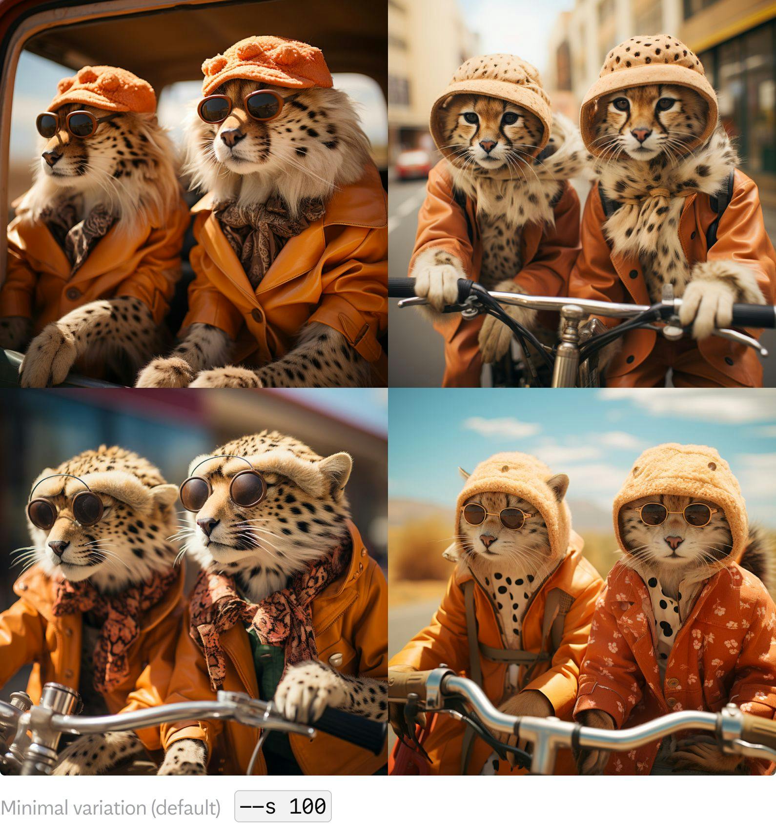 Minimal variation: Four similar pictures of cheetahs on a bike