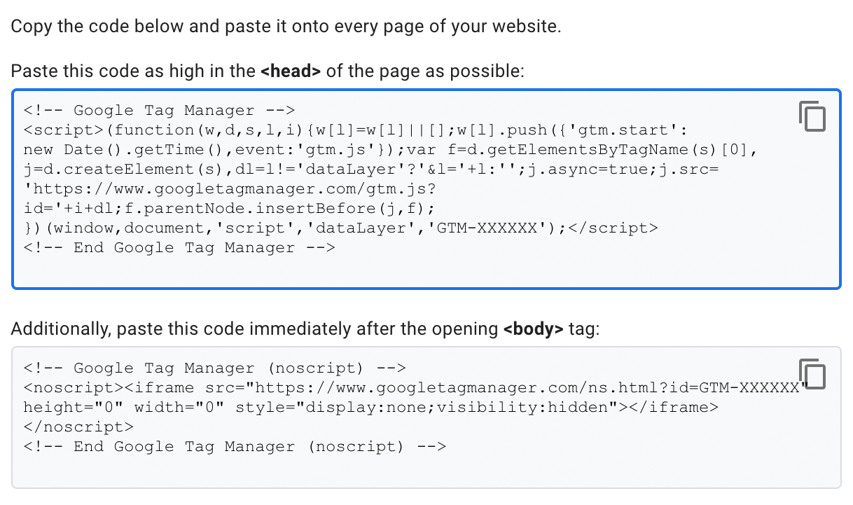 Screenshot of code snippets provided by Google Tag Manager
