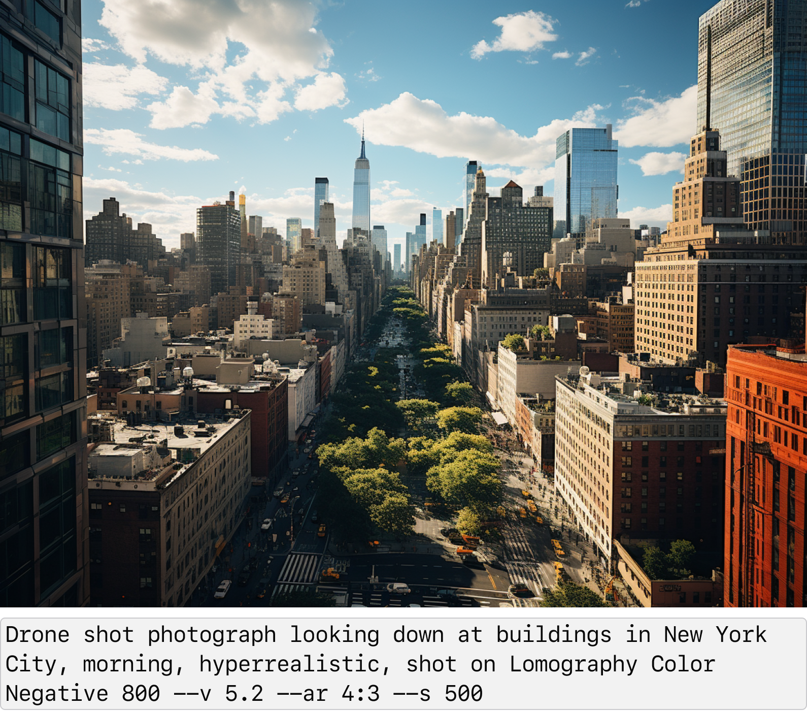 Drone shot photograph looking down at buildings in New York City, morning, hyperrealistic