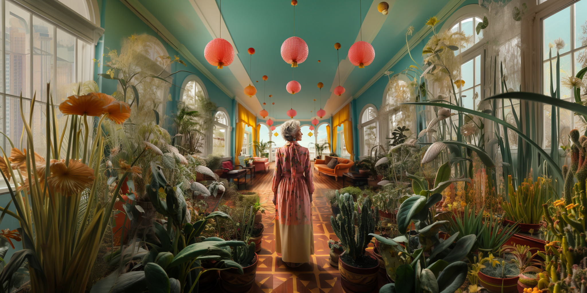 Ultra wide image of old lady in a jungle inside a big and colourful hotel lobby