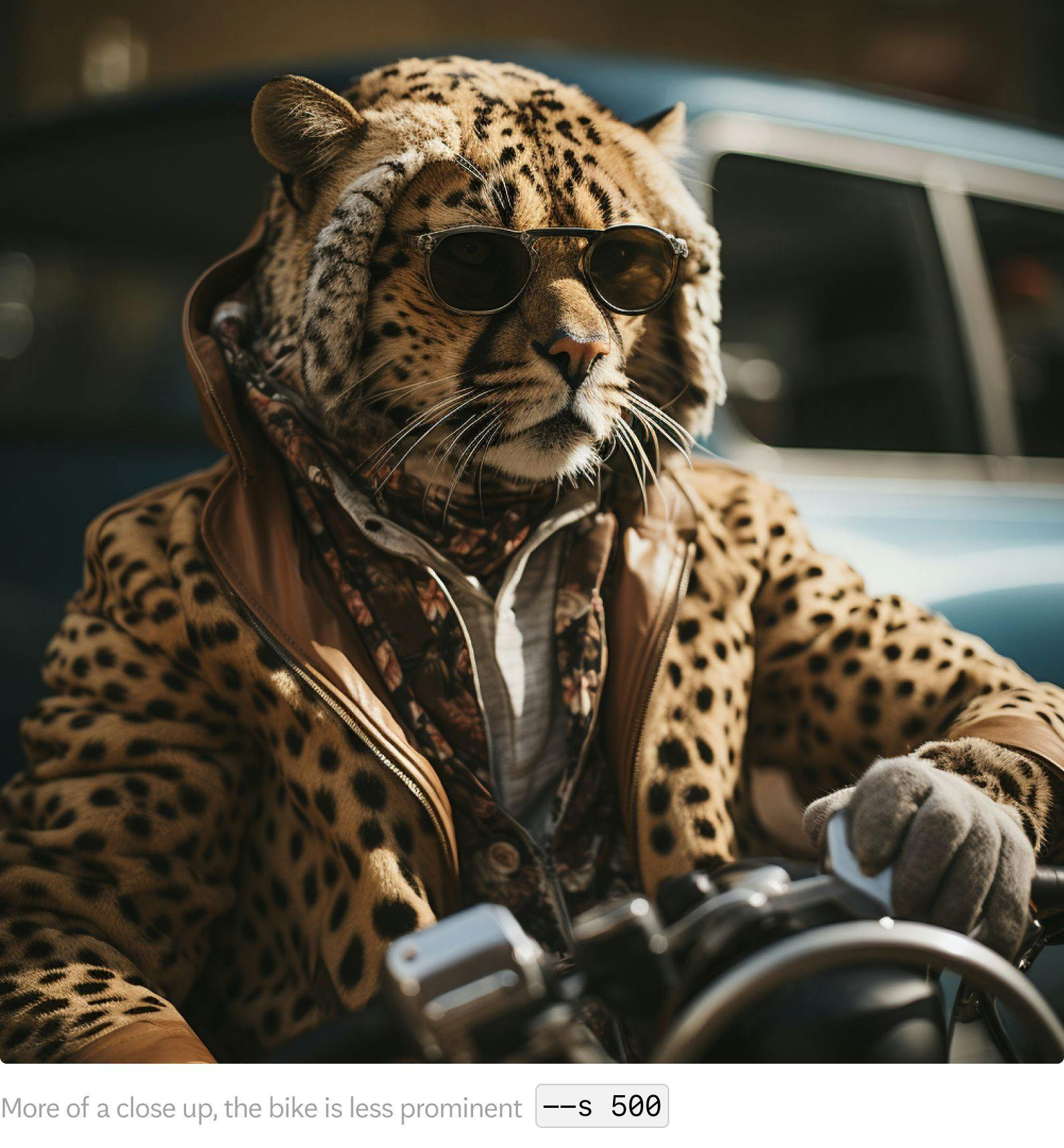 A cheetah in fashionable clothes riding a racing bike, wearing sunglasses