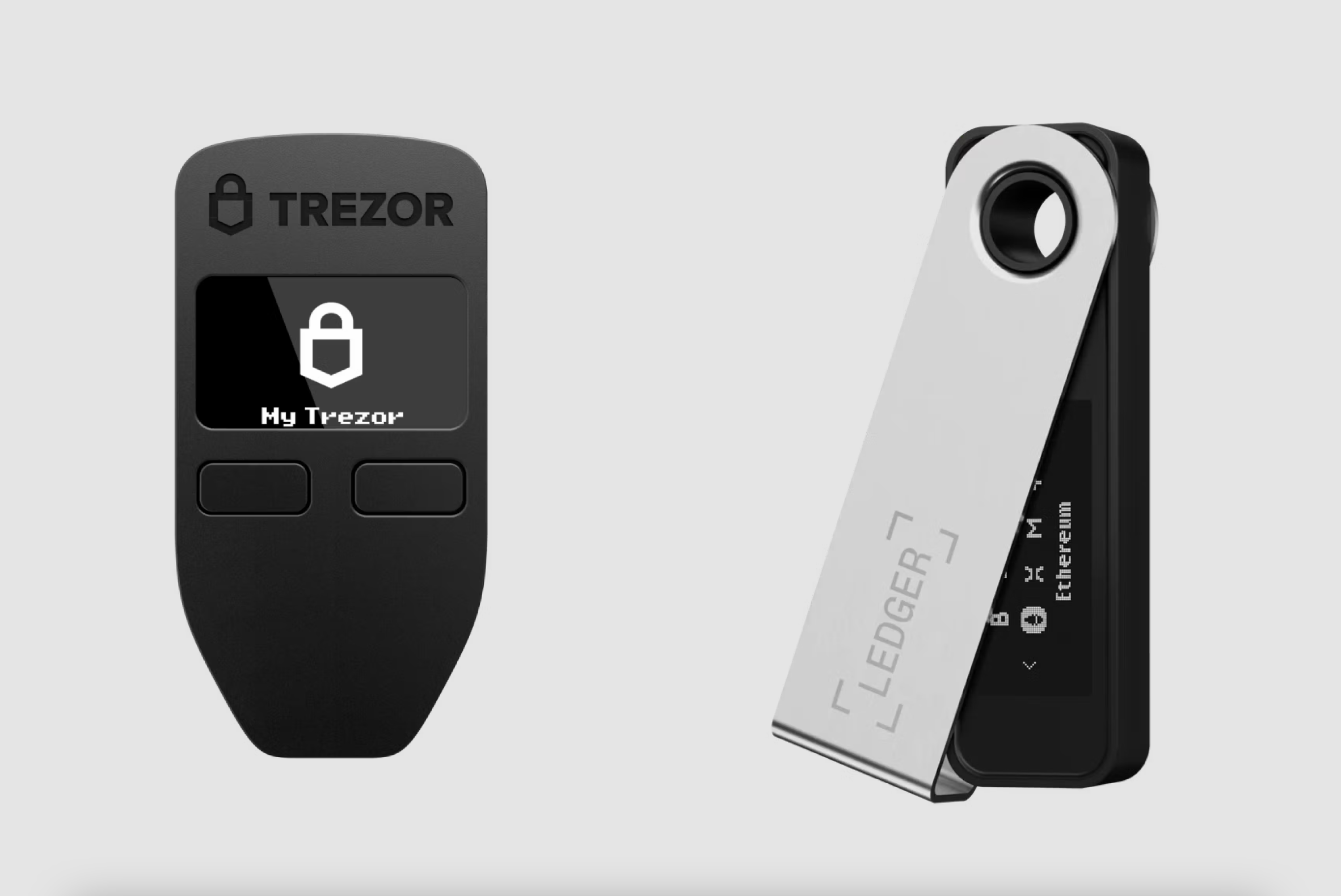 Two popular cold wallets: Trezor Model T (left) and Ledger Nano S Plus (right)
