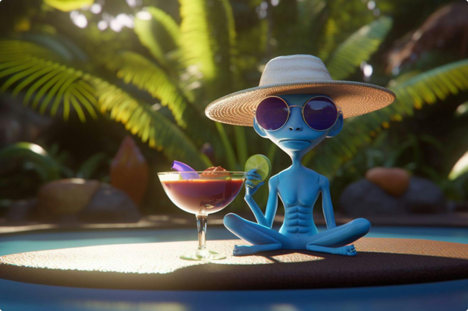 AI generated image of an alien drinking a cocktail by the pool, wearing sunglasses and hat in a tropical background