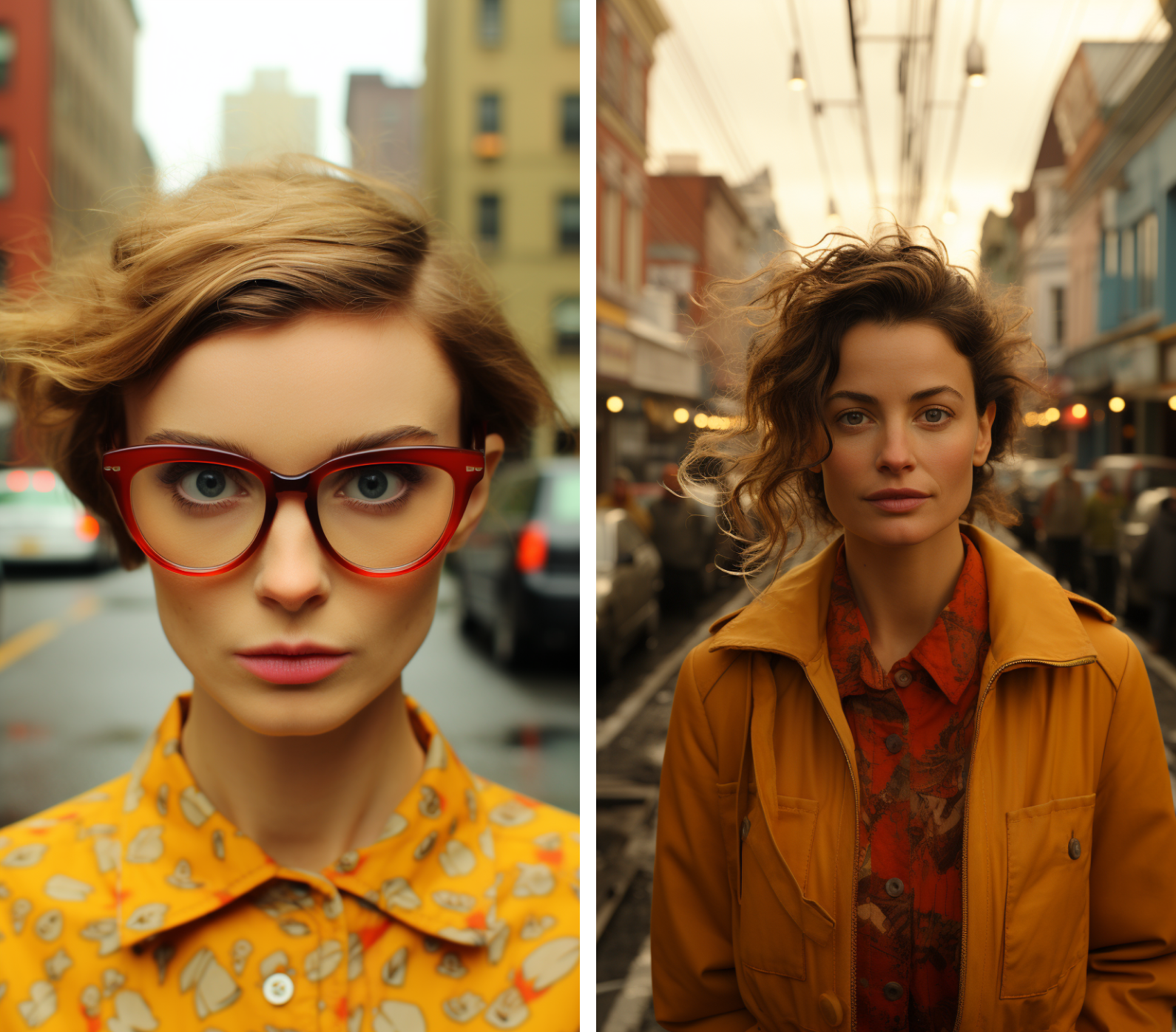 Two women, surrounded by a hectic urban environment during midday, gold, orange and yellow tones