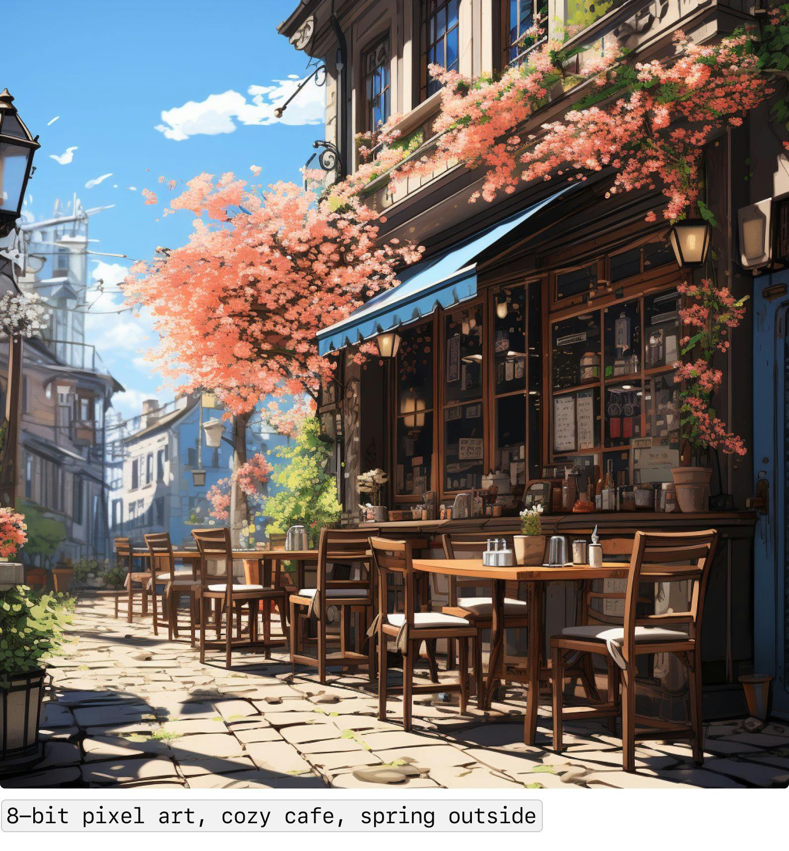 8-bit pixel art, cozy cafe, spring outside