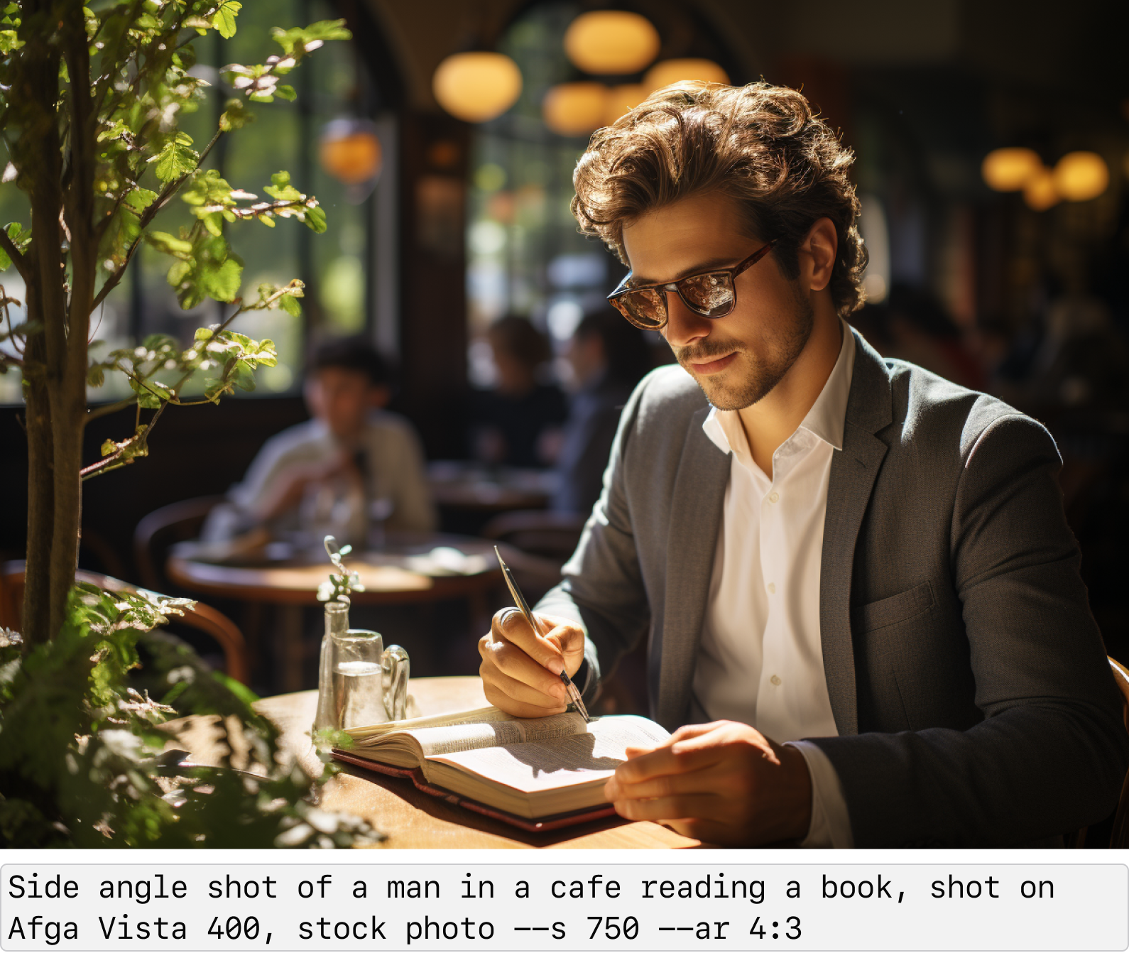 Side angle shot of a man in a cafe reading a book, wearing sunglasses