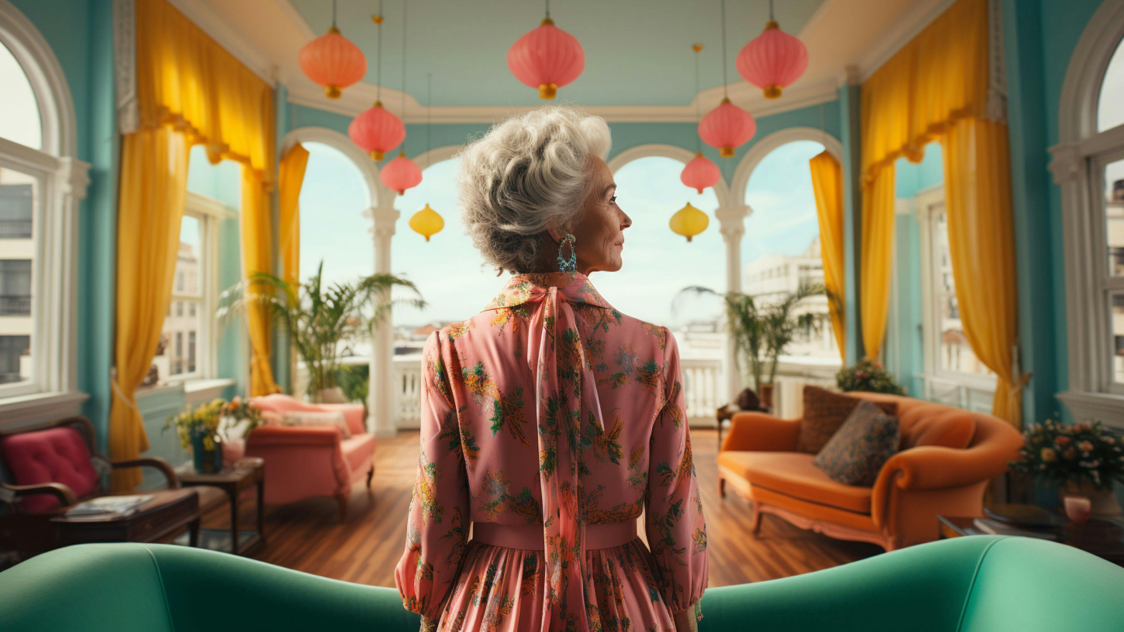AI generated image of an old lady in colorful clothes looking down at hotel lobby 
