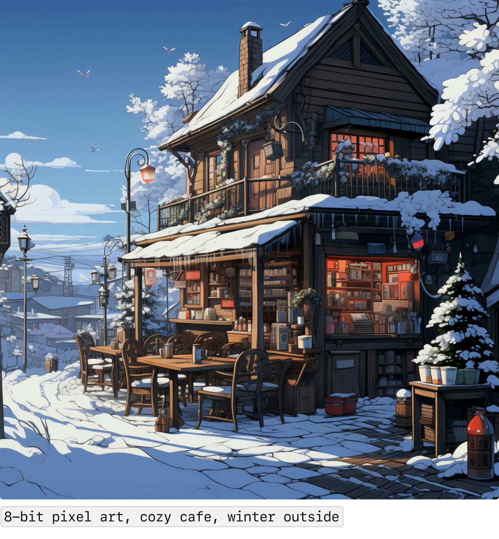 8-bit pixel art, cozy cafe, winter outside