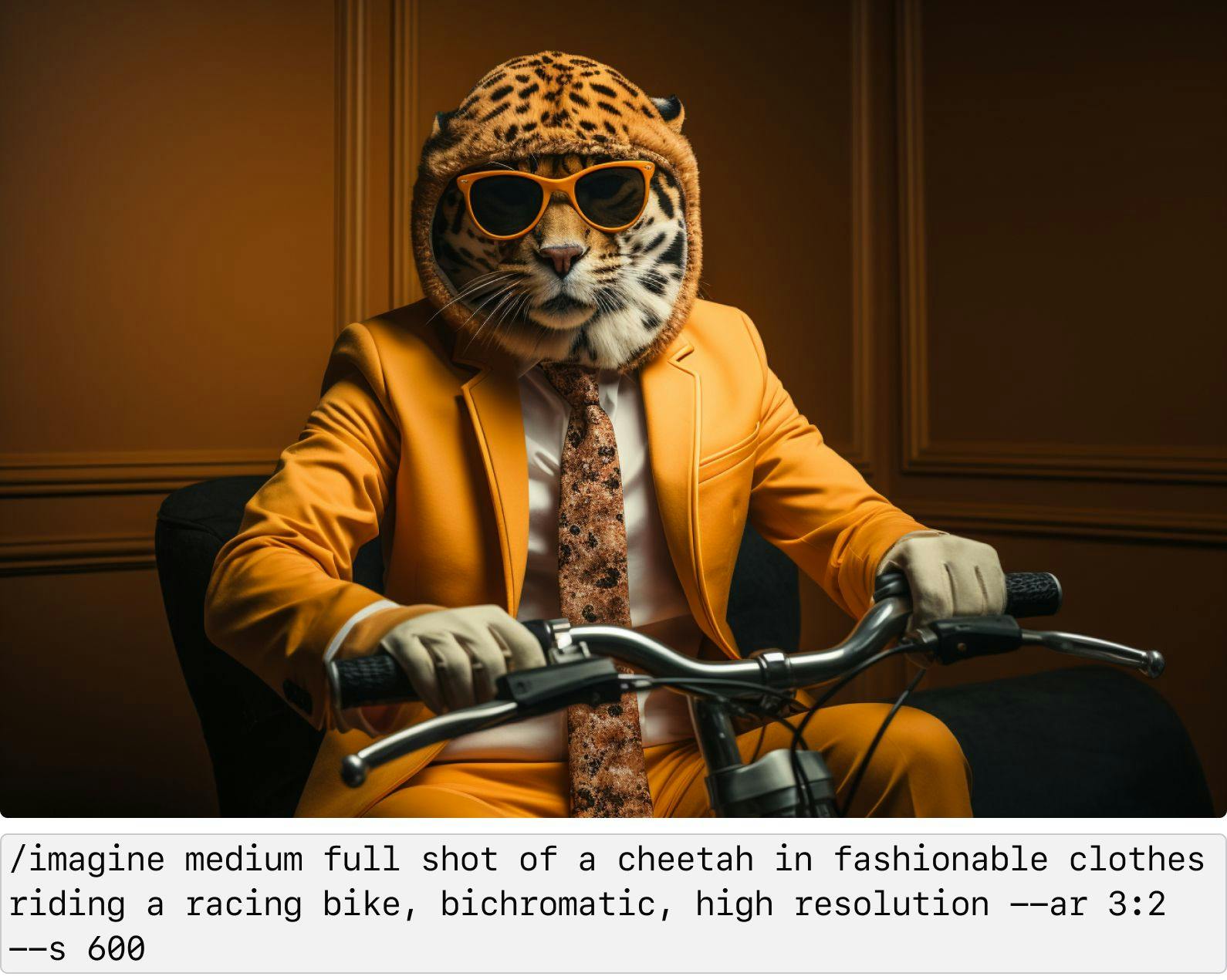 a cheetah in fashionable clothes riding a racing bike