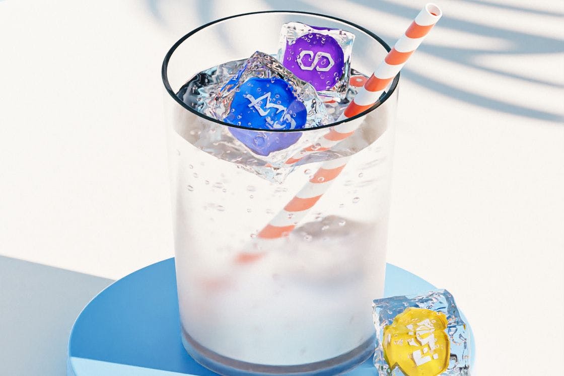 3D render of a cocktail with crypto ice cubes