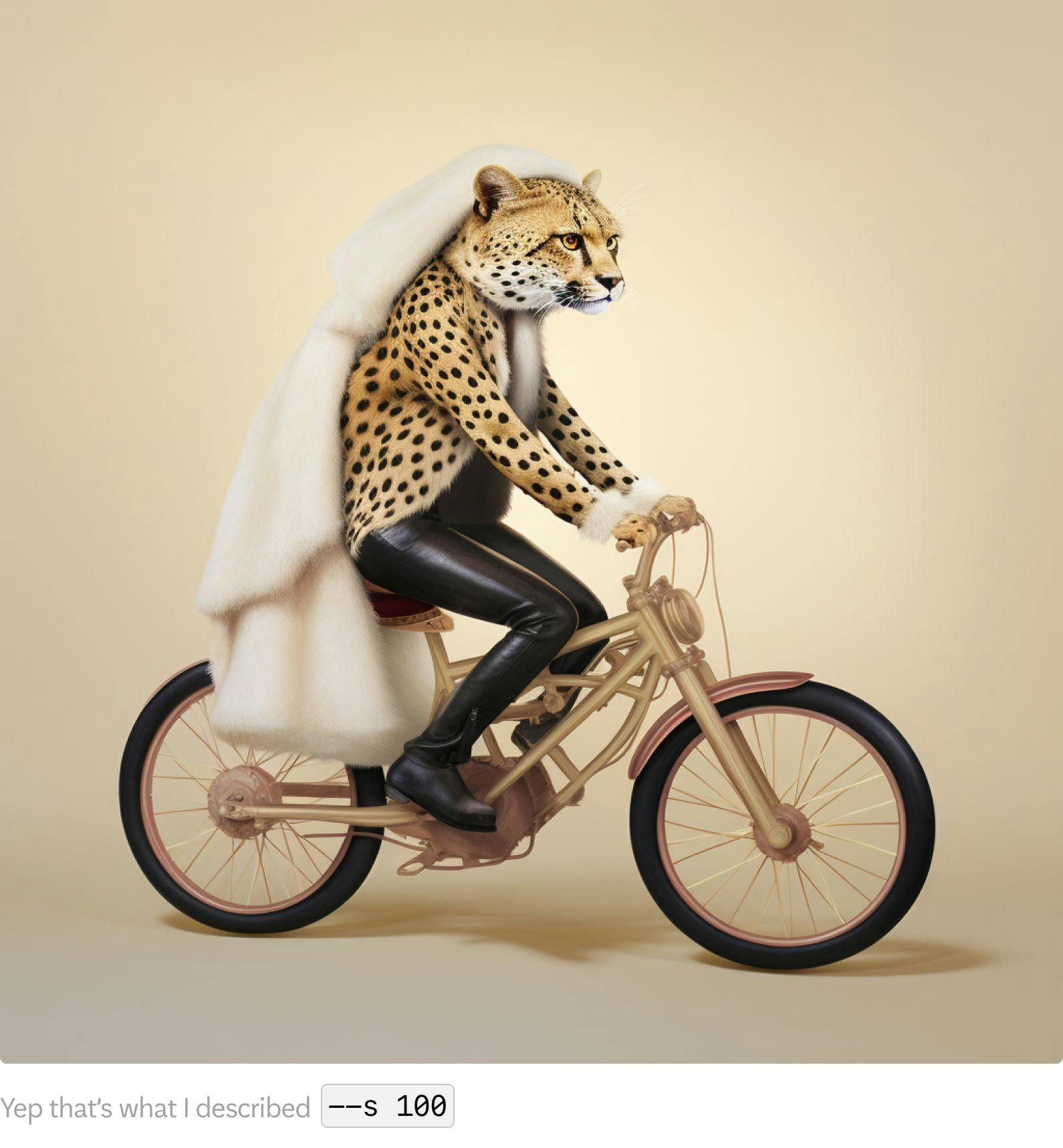 A cheetah in fashionable clothes riding a racing bike