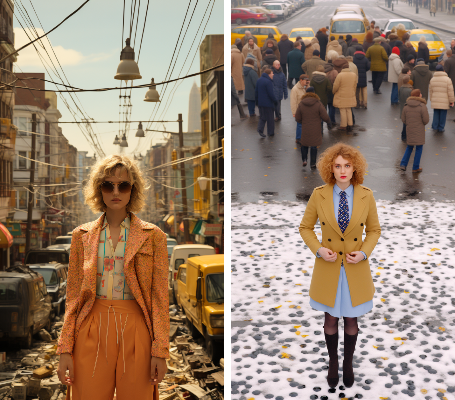 Women, surrounded by a hectic urban environment, wearing retro clothes
