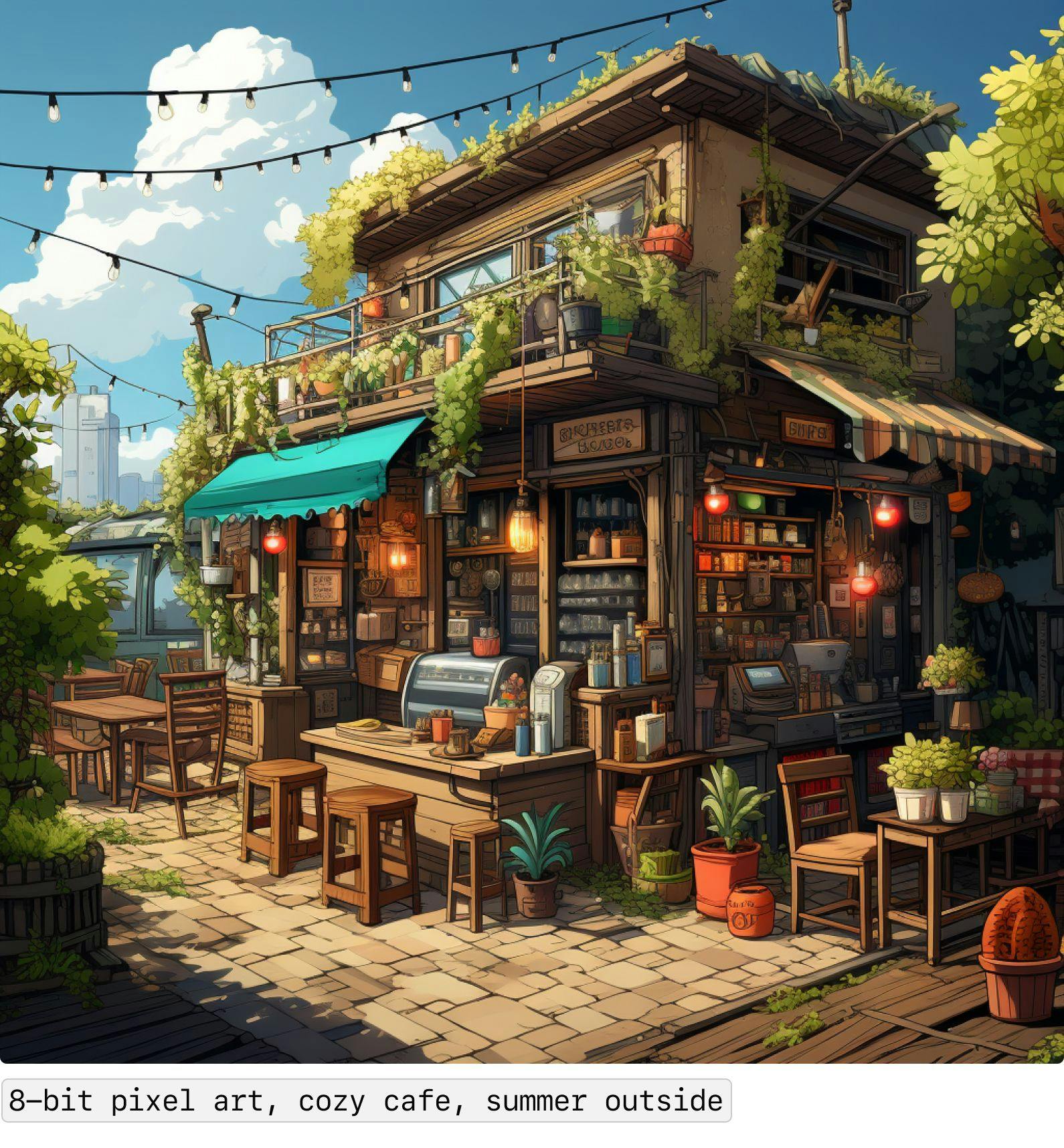 8-bit pixel art, cozy cafe, summer outside