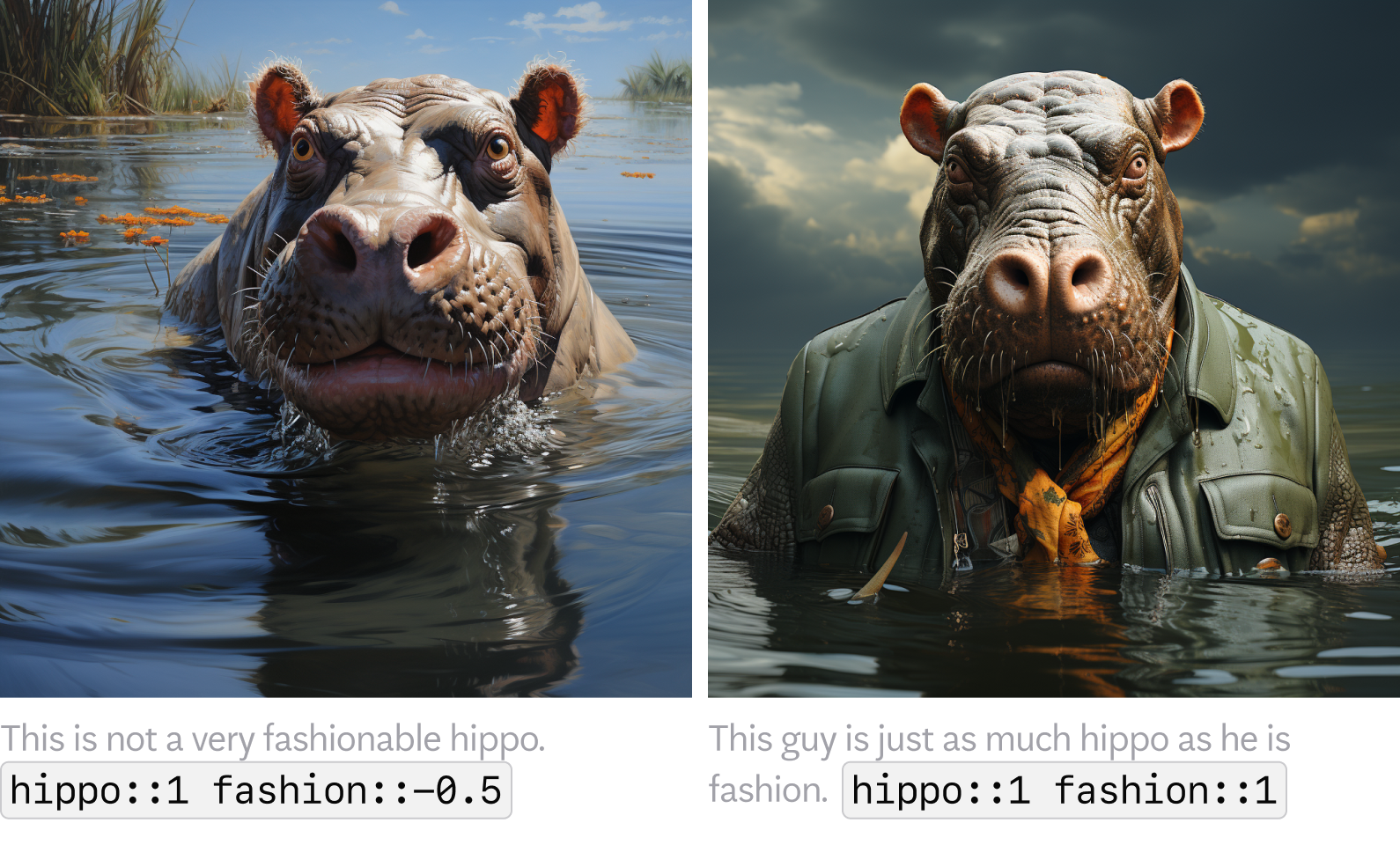 AI-generated image of hippopotamus in water wearing a green jacket and a scarf