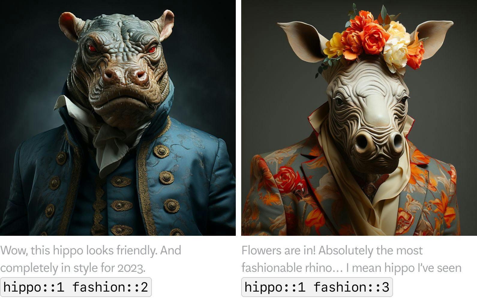 AI-generated image of hippopotamus on grey background, studio light, wearing fashionable jackets and flowers