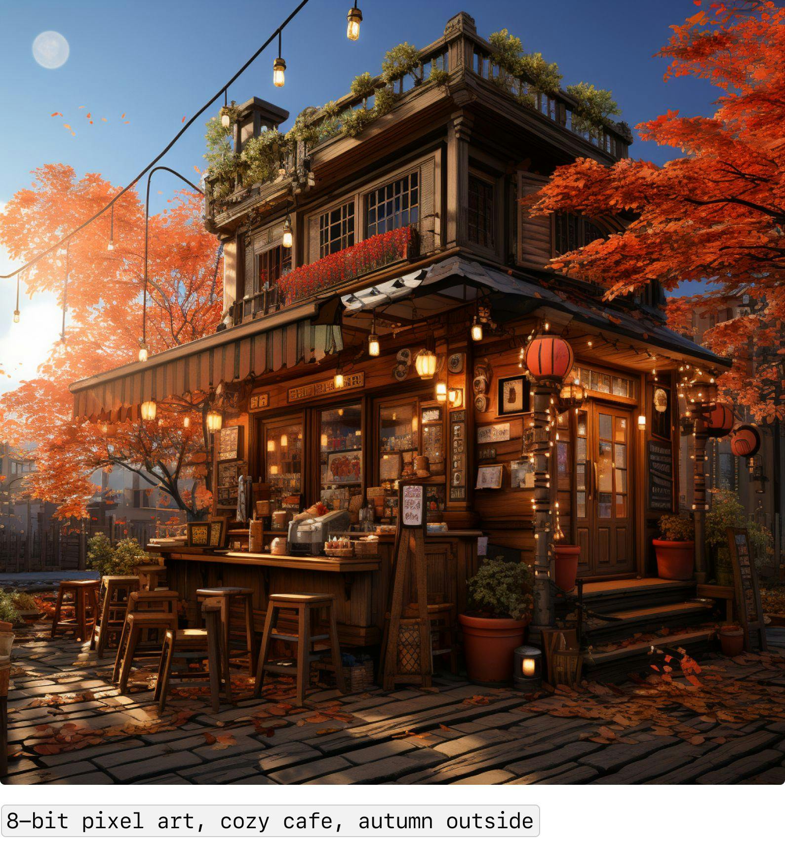 8-bit pixel art, cozy cafe, autumn outside